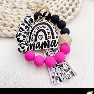 Mama Rainbow Silicone Bead Keychain - Black & Hot Pink